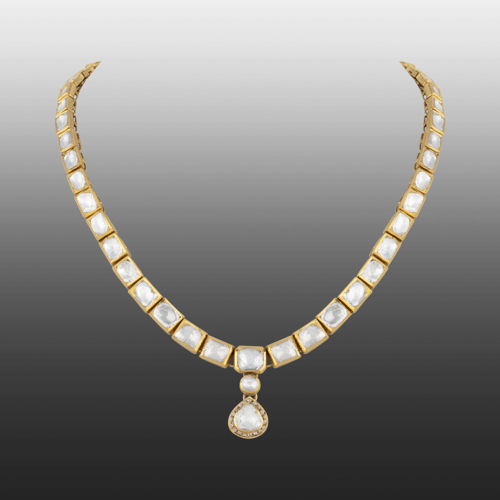 Square Polki Linear Necklace with Drop Pendant